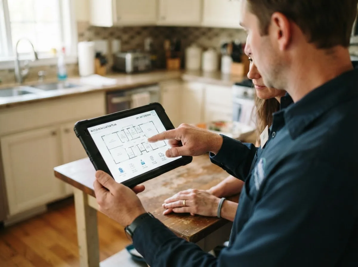 Water damage restoration technician inspecting a home in Nichols, WI